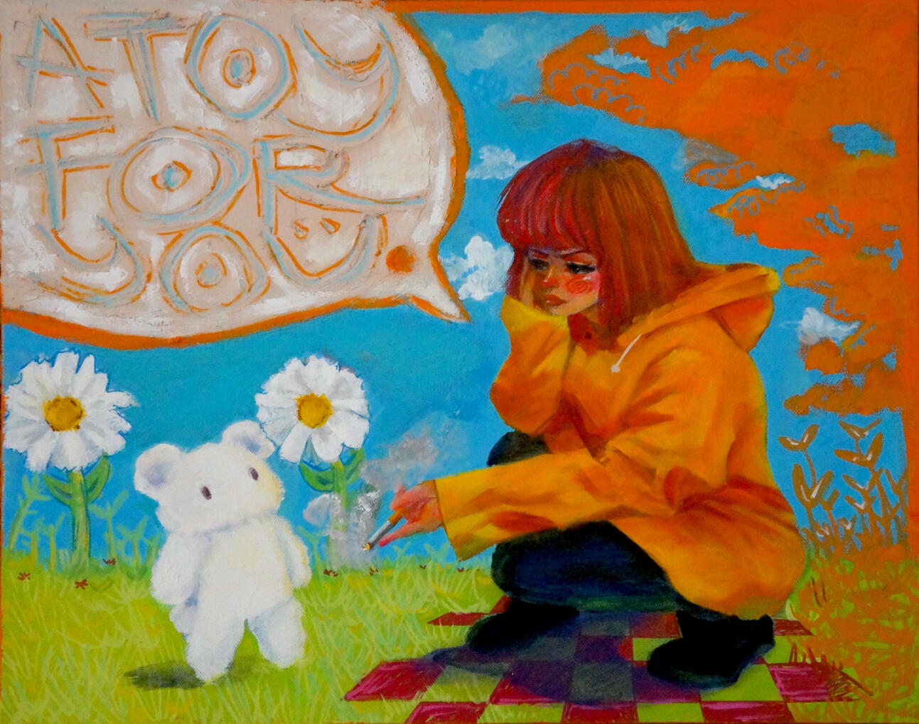 A Dangerous Toy Indeed!, 2026, acrylic, modeling paste, marker on canvas, 16 x 20 inches