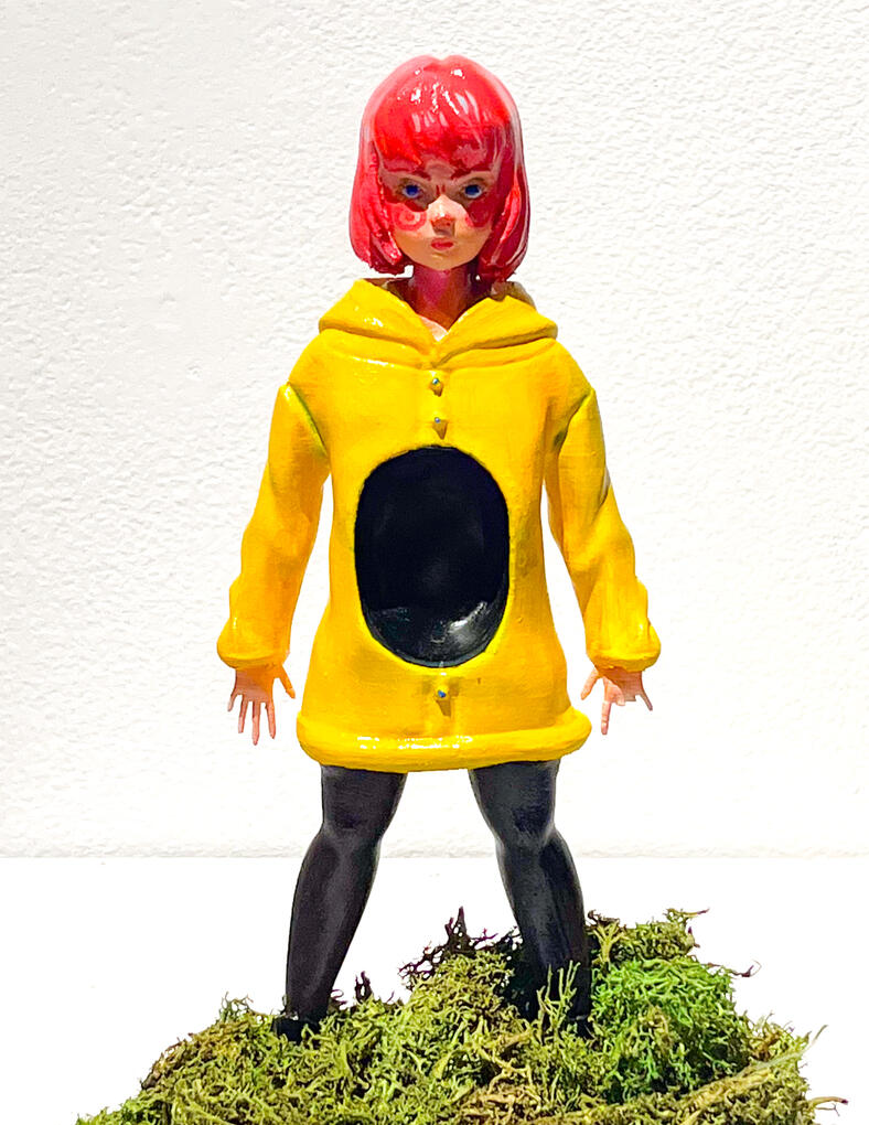 Non-Playable Character in This World I, 2025, PLA, acrylic, Sharpie, preserved moss, 4.5 x 2.5 x 10 inches
