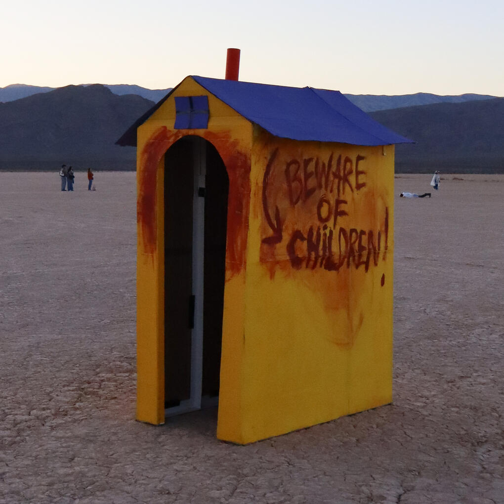 Birthplace, 2025, cardboard, paper mache, house paint, spray paint, 6 ft. x 4 ft. x 7 feet. Photograph by Bailey Anderson