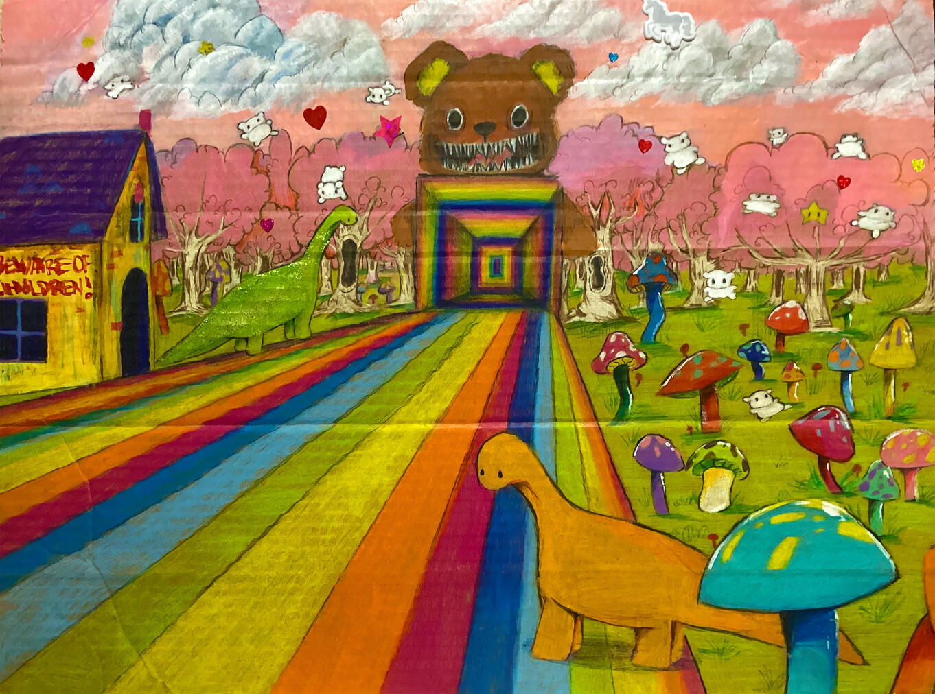 &quot;Psychosis&quot; Colored pencil, acrylic, stickers, blood, glitter on cardboard. 18&quot; x 24&quot;, 2018