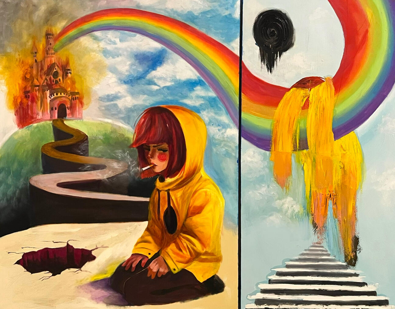 &quot;Deserved Punishment for Burning Down the Castle&quot; Oil and acrylic on canvas, 48&quot; x 59.5”, 2025