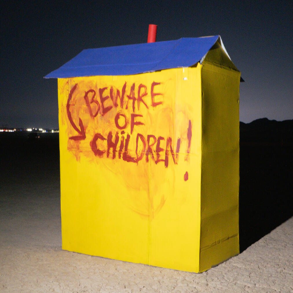 &quot;Birthplace&quot; Cardboard, paper mache, house paint, spray paint, 6 ft. x 4 ft. x 7 ft., 2025. Photograph by Jon Sarte