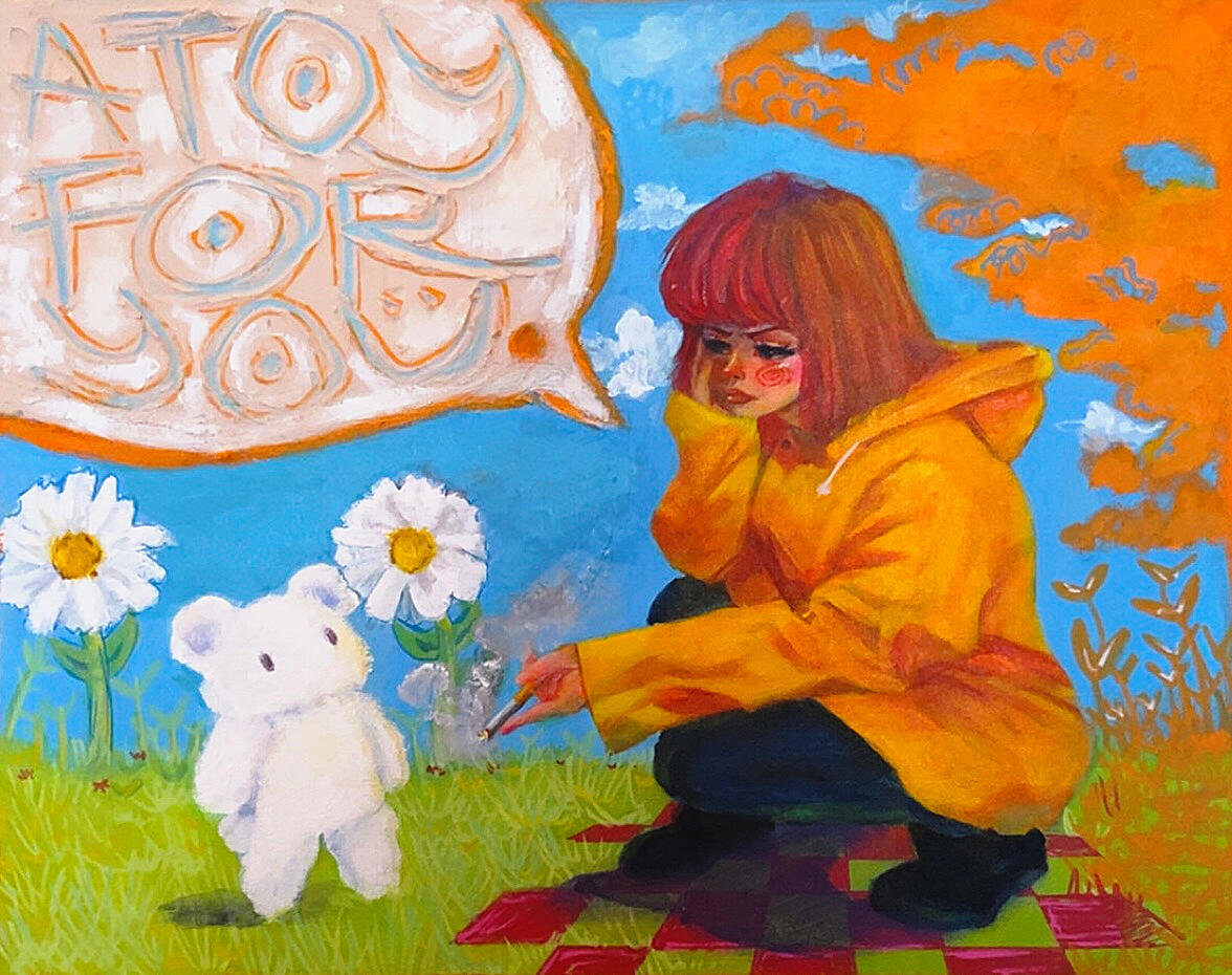 A Dangerous Toy Indeed!, 2026, acrylic, modeling paste, marker on canvas, 16 x 20 inches