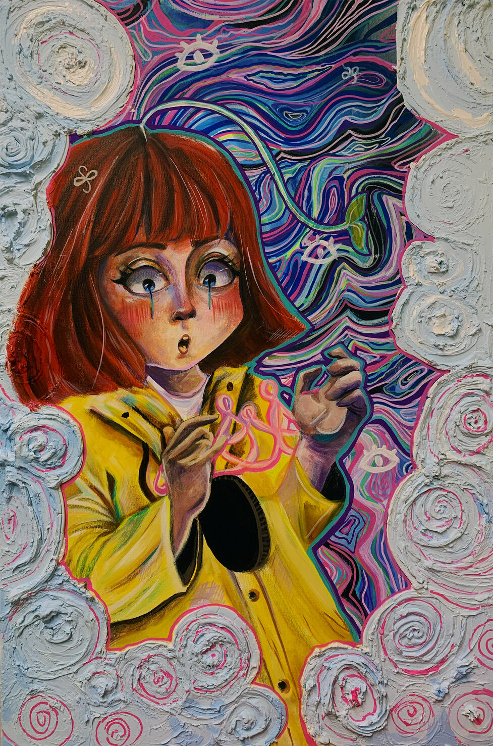 A River of Love, 2024, acrylic fluorescent paint, modeling paste on canvas, 36 x 24 inches