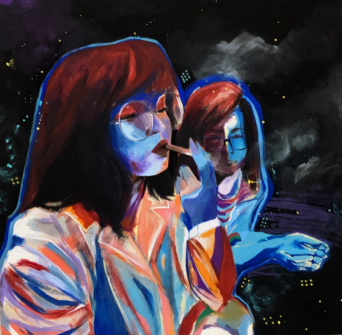 Campfire | Acrylic, spray paint, oil on Birch Wood. 24x24” 2024