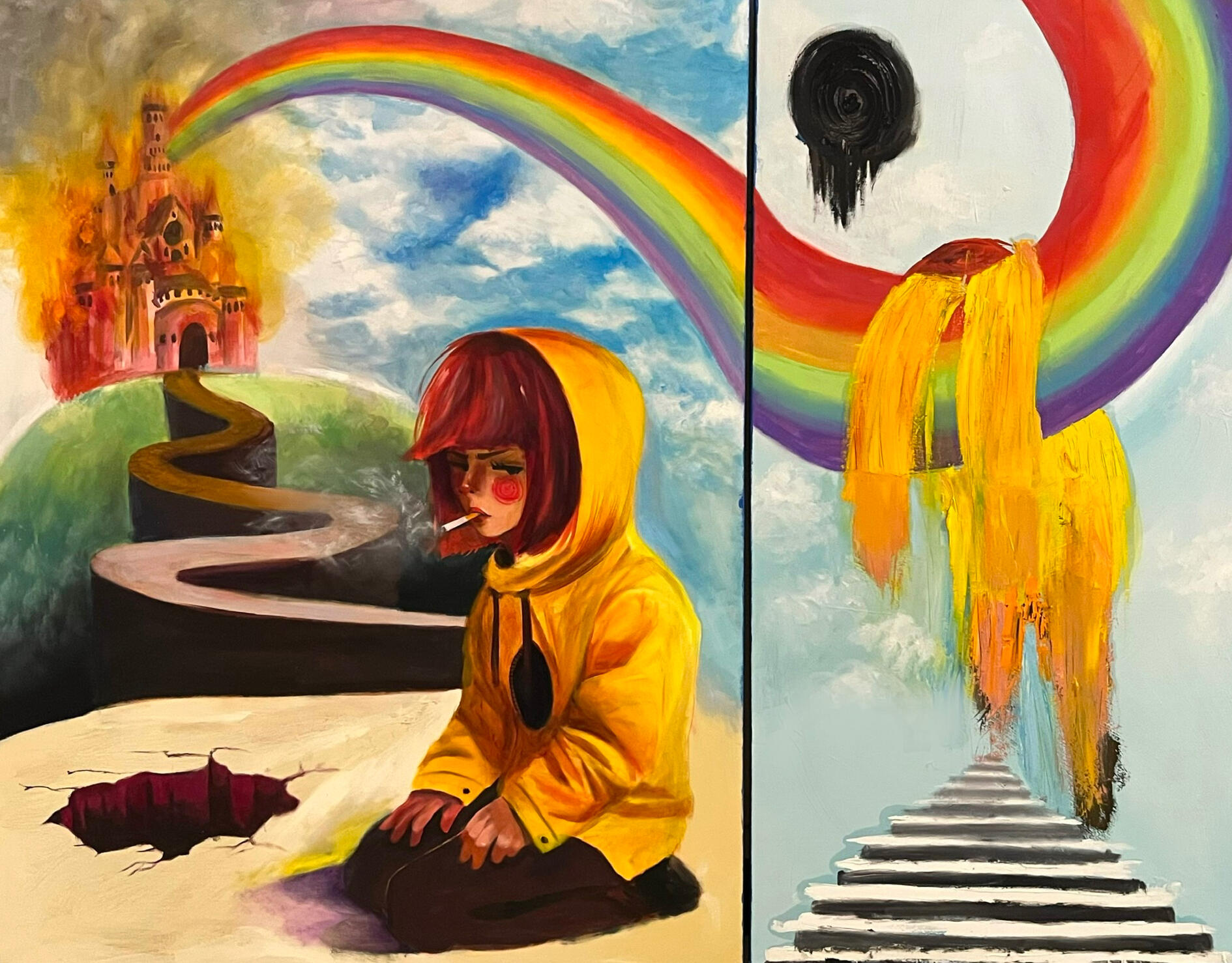 Deserved Punishment for Burning Down the Castle, 2025, oil and acrylic on canvas, 48 x 59.5 inches