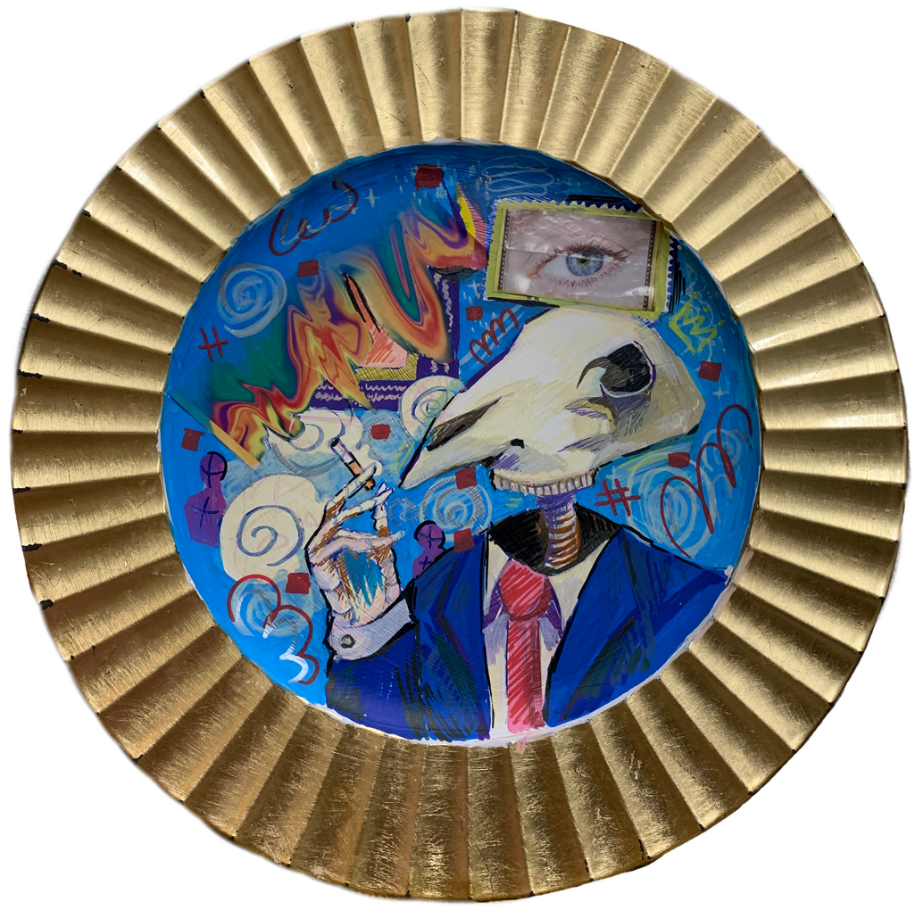 Under the Eye, 2024, paint pen, collage magazine on gold plate, 13 x 13 inches